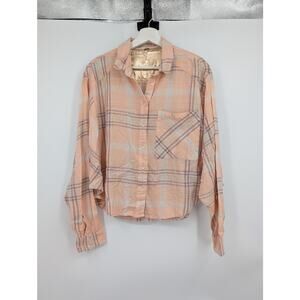 Free People Cropped Cutie Plaid Button Down Medium Cotton Comfort Dolman Sleeves